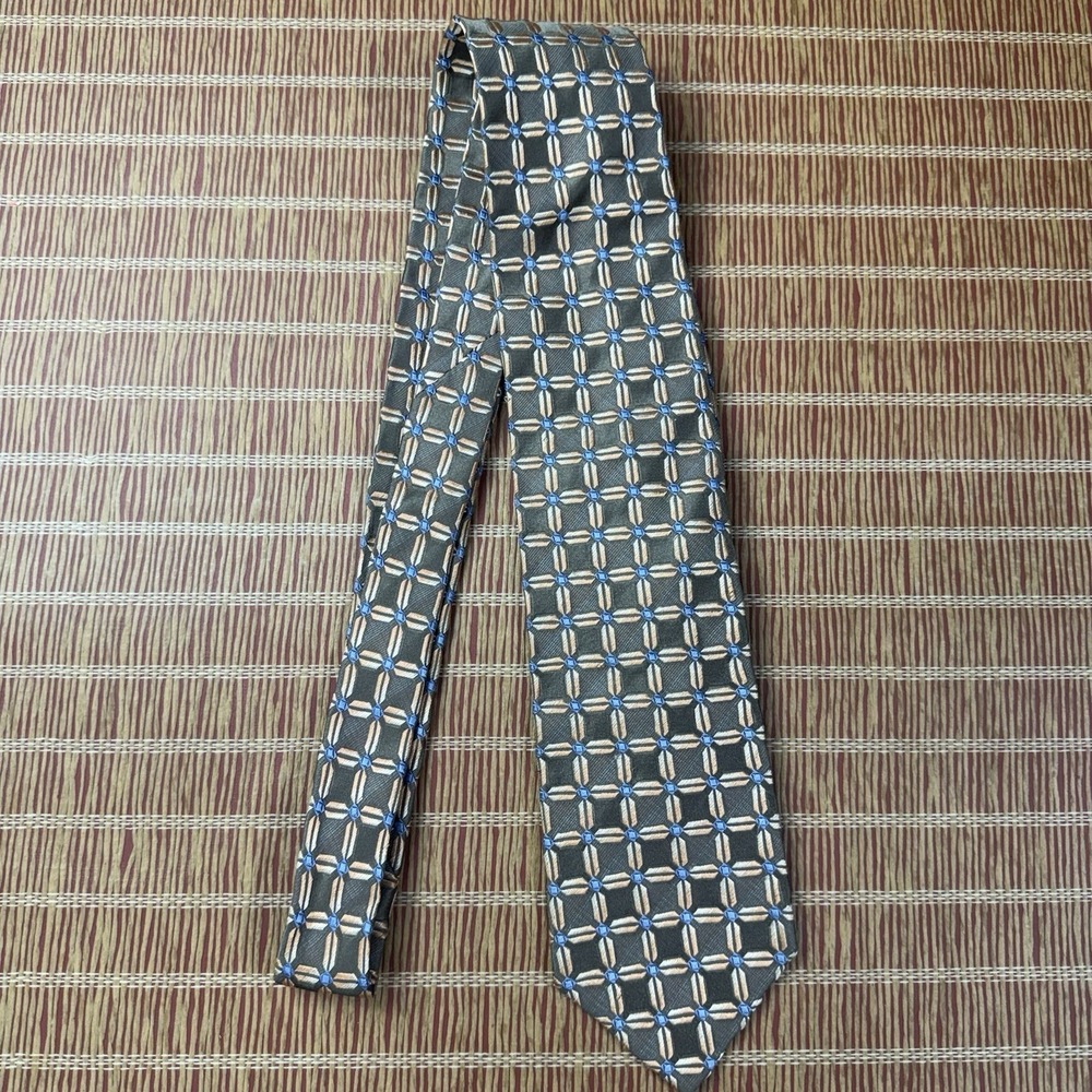Ermenegildo Zegna Geometric 100% Silk Neck Tie Tan Blue 60 X 3.5 " - Picture 3 of 7